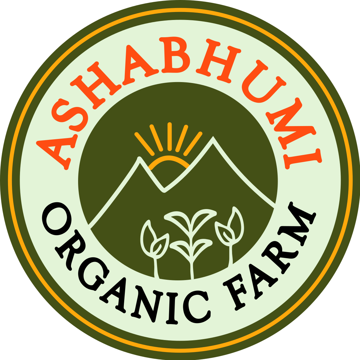 Ashabhumi logo with sun raising from the mountain and 3 plants grown